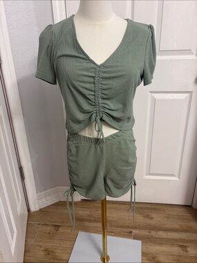 Women's Sage Green Ribbed Drawstring Shorts Set